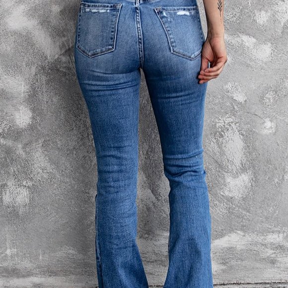 Blue Distressed Flare Leg Jean - Picture 2 of 4